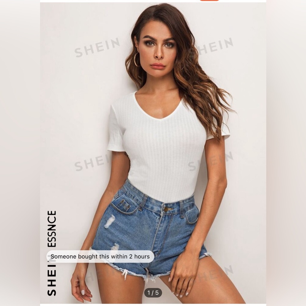 NEW SHEIN Essence Rib Knit Solid Tee in White Size Large